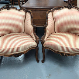 High Quality Antique Pair Of French Walnut Upholstered Arm Chairs
