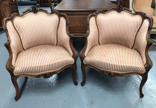 High Quality Antique Pair Of French Walnut Upholstered Arm Chairs