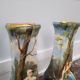 Pair of Victorian hand painted decorative vases depicting women. Please view photos as they help form part of the description.