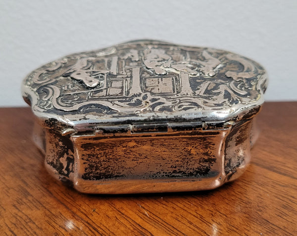 French 18th Century Silver Snuff Box. Rubbed Hallmarks. Fantastic embossed scene to lid, great patina.