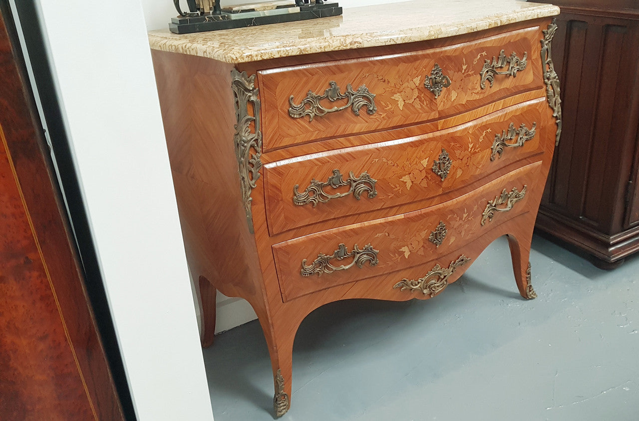 Three Drawer French Marquetry Inlaid Commode | Antique & Vintage | Moonee Ponds Antiques | Australia Wide Delivery