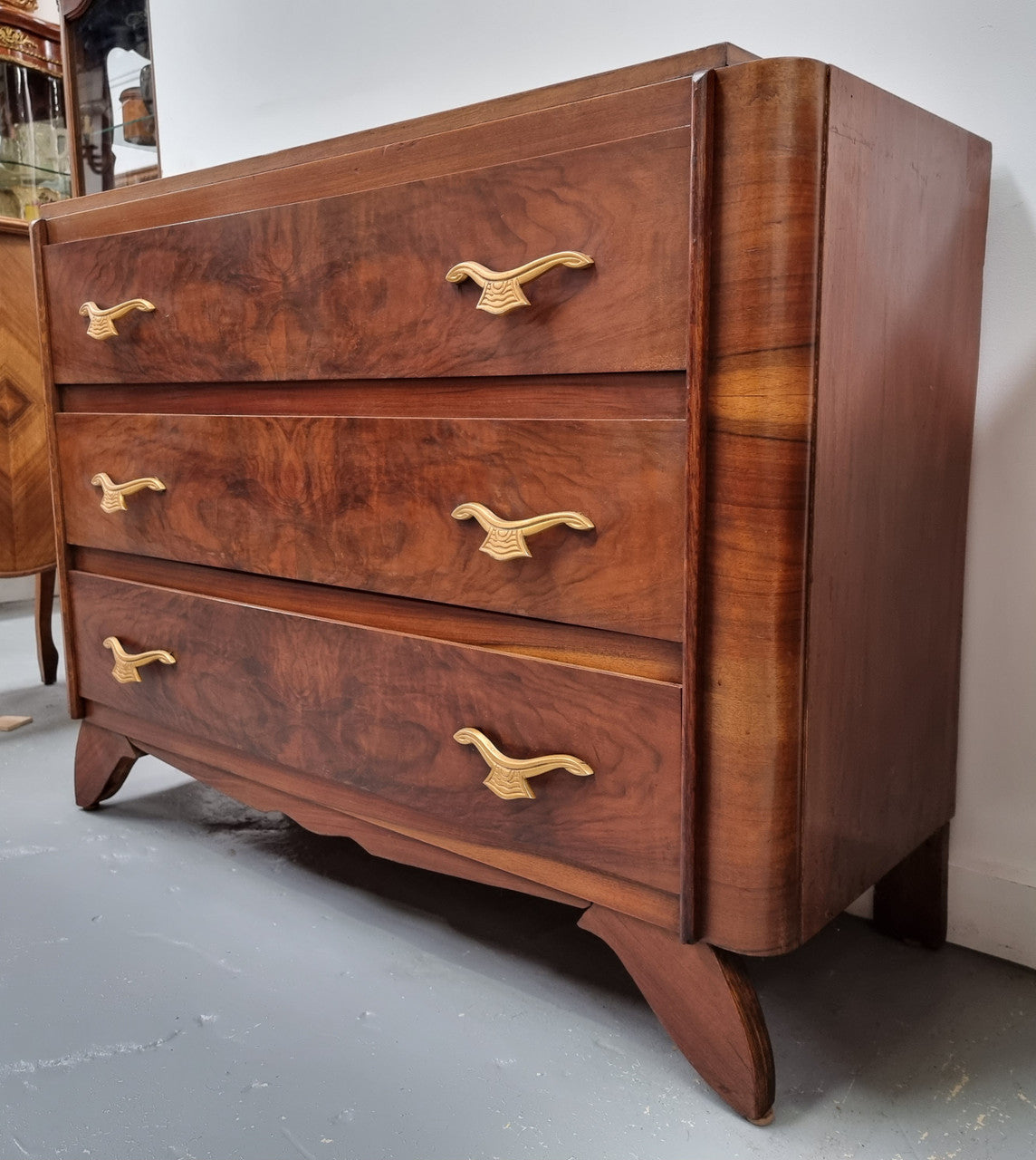 Stylish French Art Deco chest of three drawers. Sourced from France and in good original detailed condition. Circa 1920's.