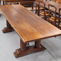 Amazing French Oak Spanish Renaissance style dining table with beautiful decorative iron work. It has been sourced from France and can comfortable seat 8- 10 people. Sourced from France and is good original detailed condition.