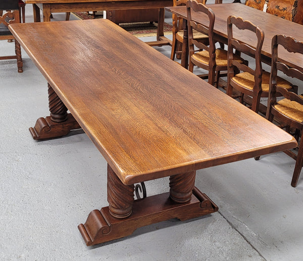 Amazing French Oak Spanish Renaissance style dining table with beautiful decorative iron work. It has been sourced from France and can comfortable seat 8- 10 people. Sourced from France and is good original detailed condition.