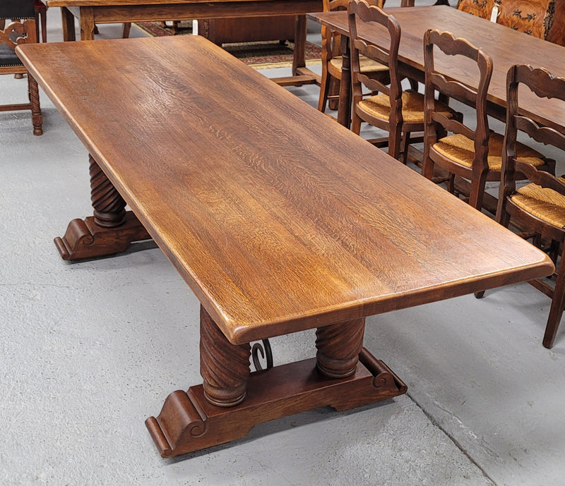 Amazing French Oak Spanish Renaissance style dining table with beautiful decorative iron work. It has been sourced from France and can comfortable seat 8- 10 people. Sourced from France and is good original detailed condition.