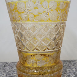 Antique Amber Bohemian acid etched and wheel engraved crystal vase. It has a stunning frieze of vine branches and a star cut base. It is in good original condition, please view photos as they help form part of the description.