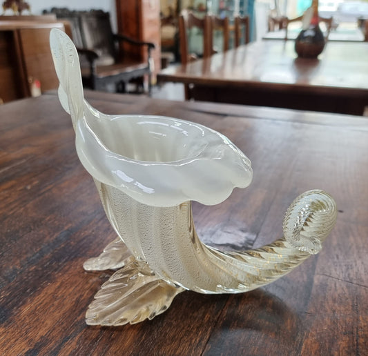 Large Vintage Murano white with adventuring glass cornucopia.