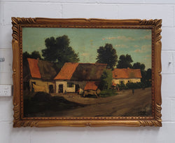 French Oil On Canvas Of Farmhouse Scene in Art Deco Frame | Antique & Vintage | Moonee Ponds Antiques | Australia Wide Delivery