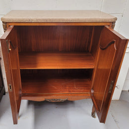 Stunning compact Louis 15th style two door walnut cabinet with ormolu trim and marble top. It is in good original condition.