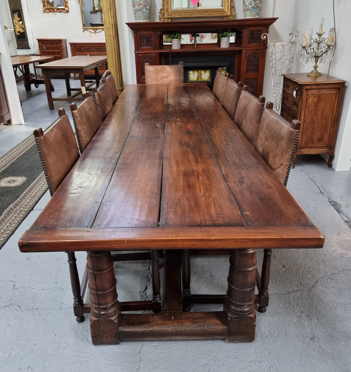 Amazing 3 Meter Dark Oak Farmhouse Dining Table With Set of 10 Leather Chairs | Antique & Vintage | Moonee Ponds Antiques | Australia Wide Delivery