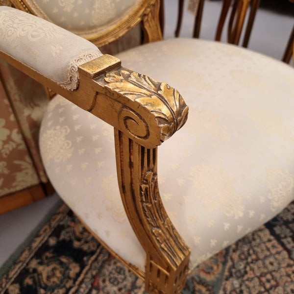 French Louis XVI style salon lounge suite with amazing like new upholstery. In good original condition and with like new fabric upholstery with very little sign of use. Please request more photos if required as they help form part of the description.