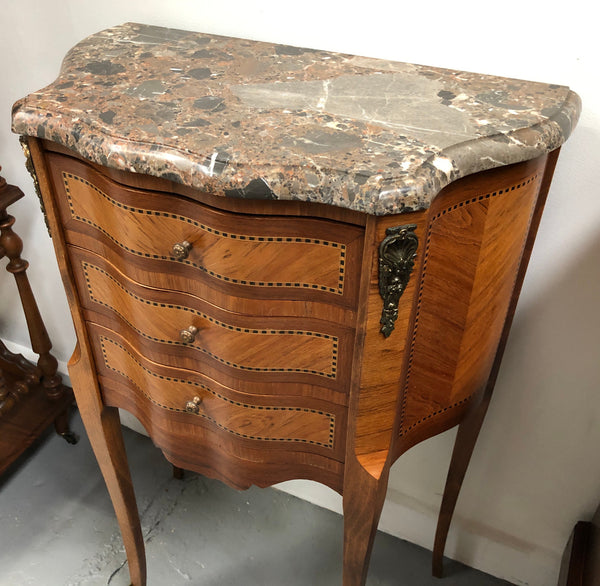 Single French commode marble top bedside with decorative inlay, ormolu mounts and a stunning coloured marble top.