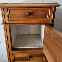 French Louis XV Walnut single side cabinet with inset marble top. Circa 1890 and in good original condition.
