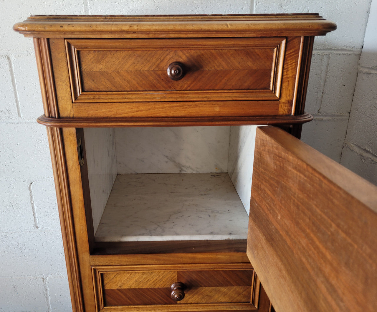 French Louis XV Walnut Single Side Cabinet with Inset Marble Top | Antique & Vintage | Moonee Ponds Antiques | Australia Wide Delivery