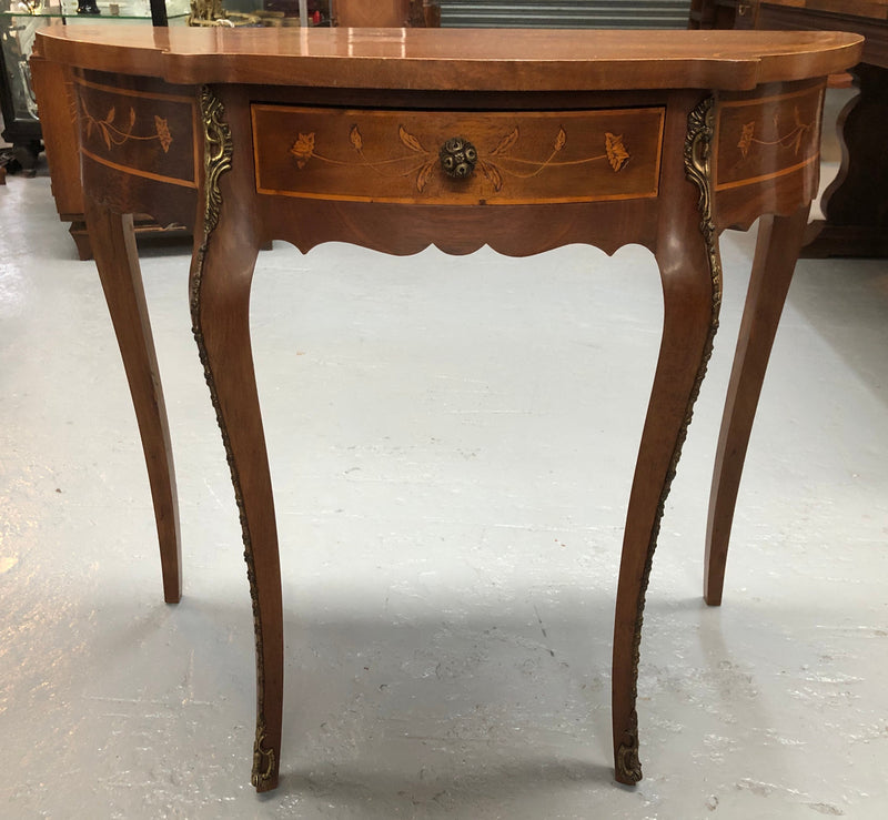 Stunning small inlaid French Walnut Louis XV style hall table with ormolu mounts and beautiful details. It has been sourced from France and is in good orignal detailed condition.