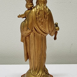 Vintage Mary gilt metal on a wooden stand, It is in good original condition and has been sourced locally. Please view photos as they help form part of the description.