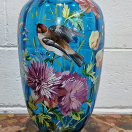 Decorative Victorian Enameled Hand Painted Blue Glass Vase "Bird and Flower Scene"