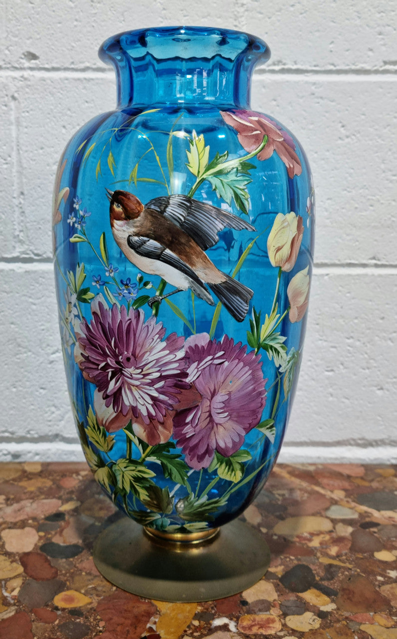 Decorative Victorian Enameled Hand Painted Blue Glass Vase "Bird and Flower Scene" | Antique & Vintage | Moonee Ponds Antiques | Australia Wide Delivery