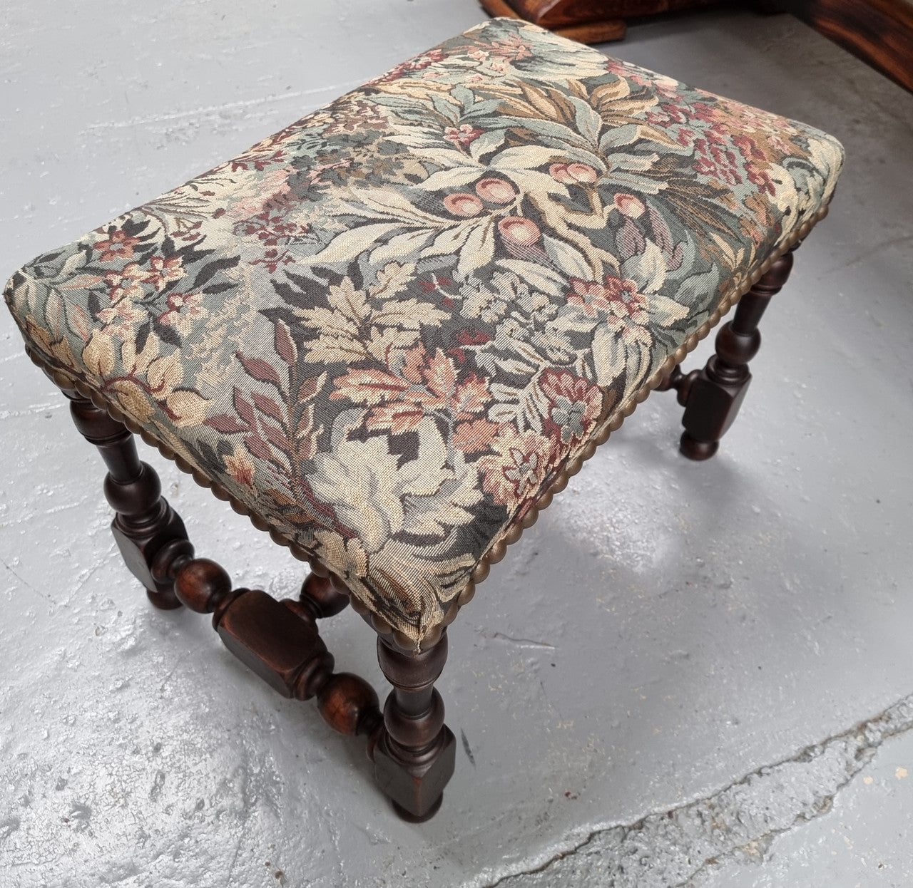 Flemish Baroque Style Walnut Footstool with Tapestry Fabric Top