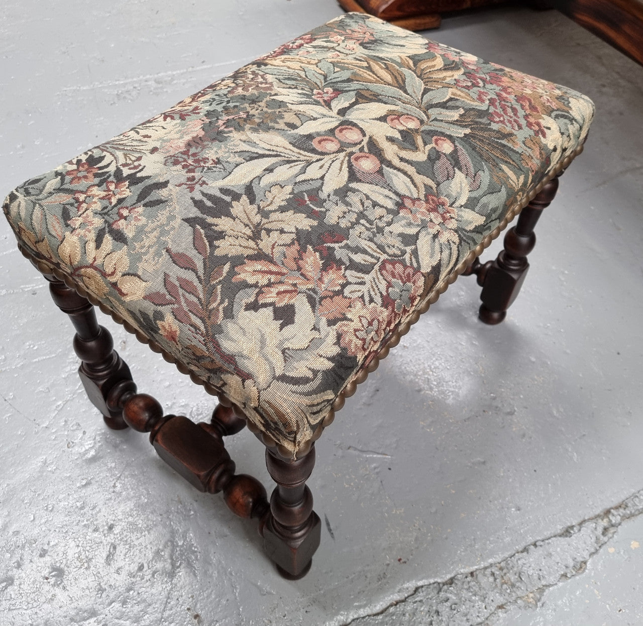 Flemish Baroque Style Walnut Footstool with Tapestry Fabric Top | Antique & Vintage | Moonee Ponds Antiques | Australia Wide Delivery