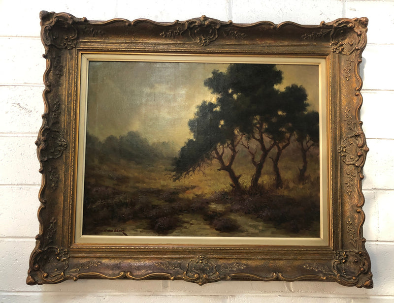 Sensational "Moody" oil on canvas landscape painting in a ornate gilt frame. In good original condition.