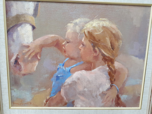 An Oil On Canvas On Board Titled " A New Friend" By Helene Symour