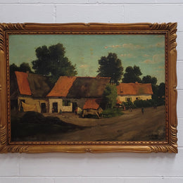 Fabulous signed French oil on canvas painting of a farmhouse scene in a beautiful Art Deco frame. It is in good original detailed condition.