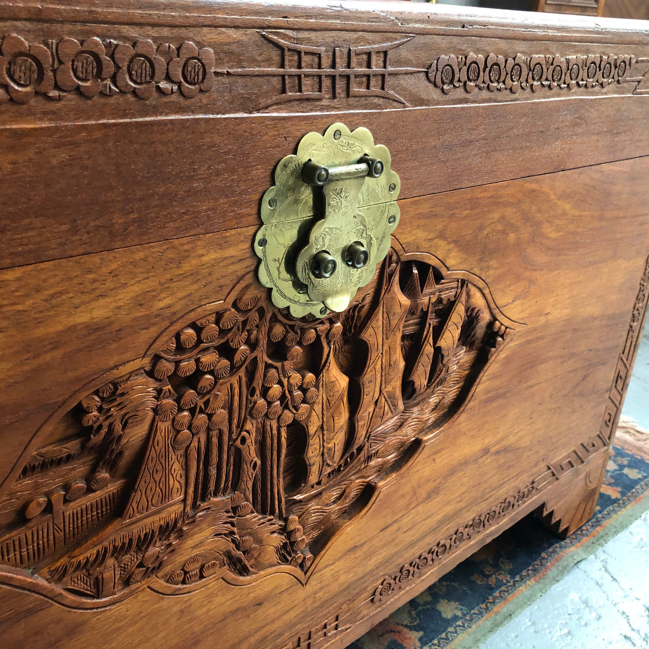 Chinese Carved Camphor Wood Chest