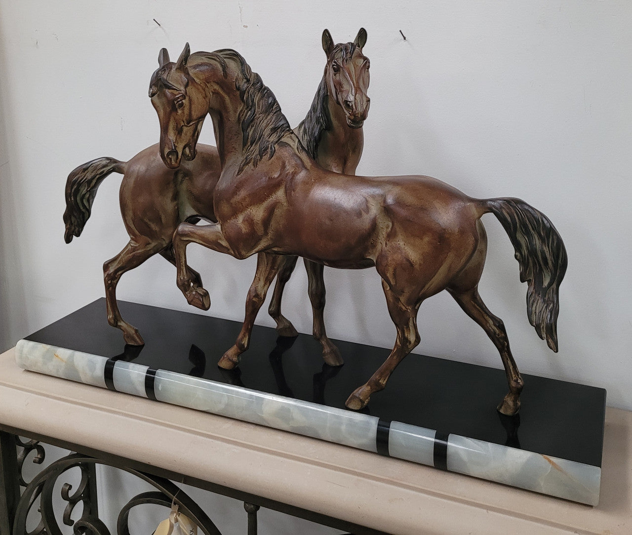 Art Deco Patinated Bronze French Spelter Horses on Marble Base | Antique & Vintage | Moonee Ponds Antiques | Australia Wide Delivery