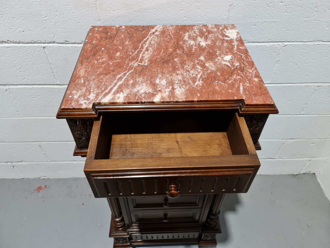 French Walnut Henry 2nd style three drawer one cupboard single side cabinet with rouge marble top. Circa: 1890. In Good original detailed condition.