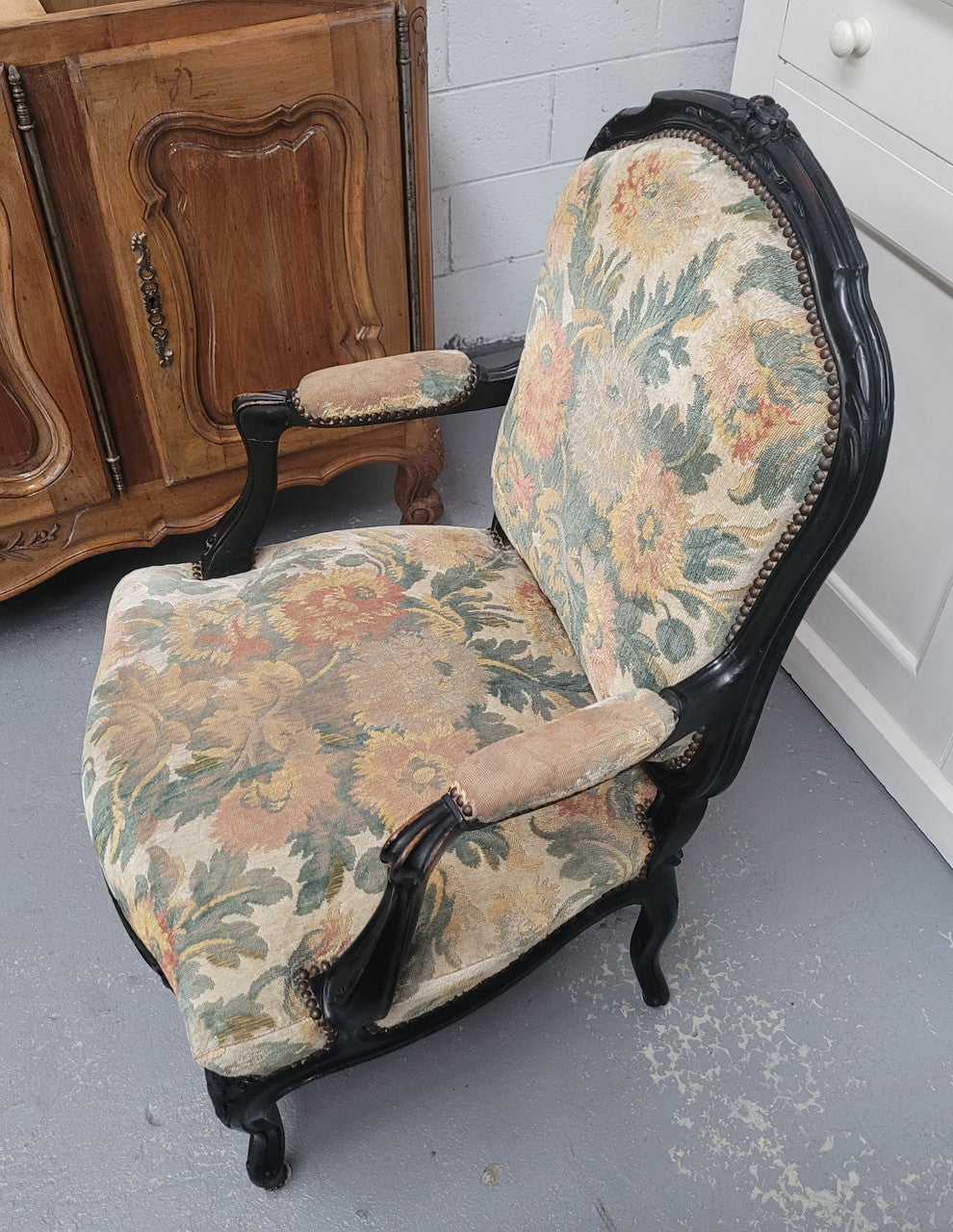 Antique 19th Century Louis XV Style Ebonized Upholstered Armchairs | Antique & Vintage | Moonee Ponds Antiques | Australia Wide Delivery