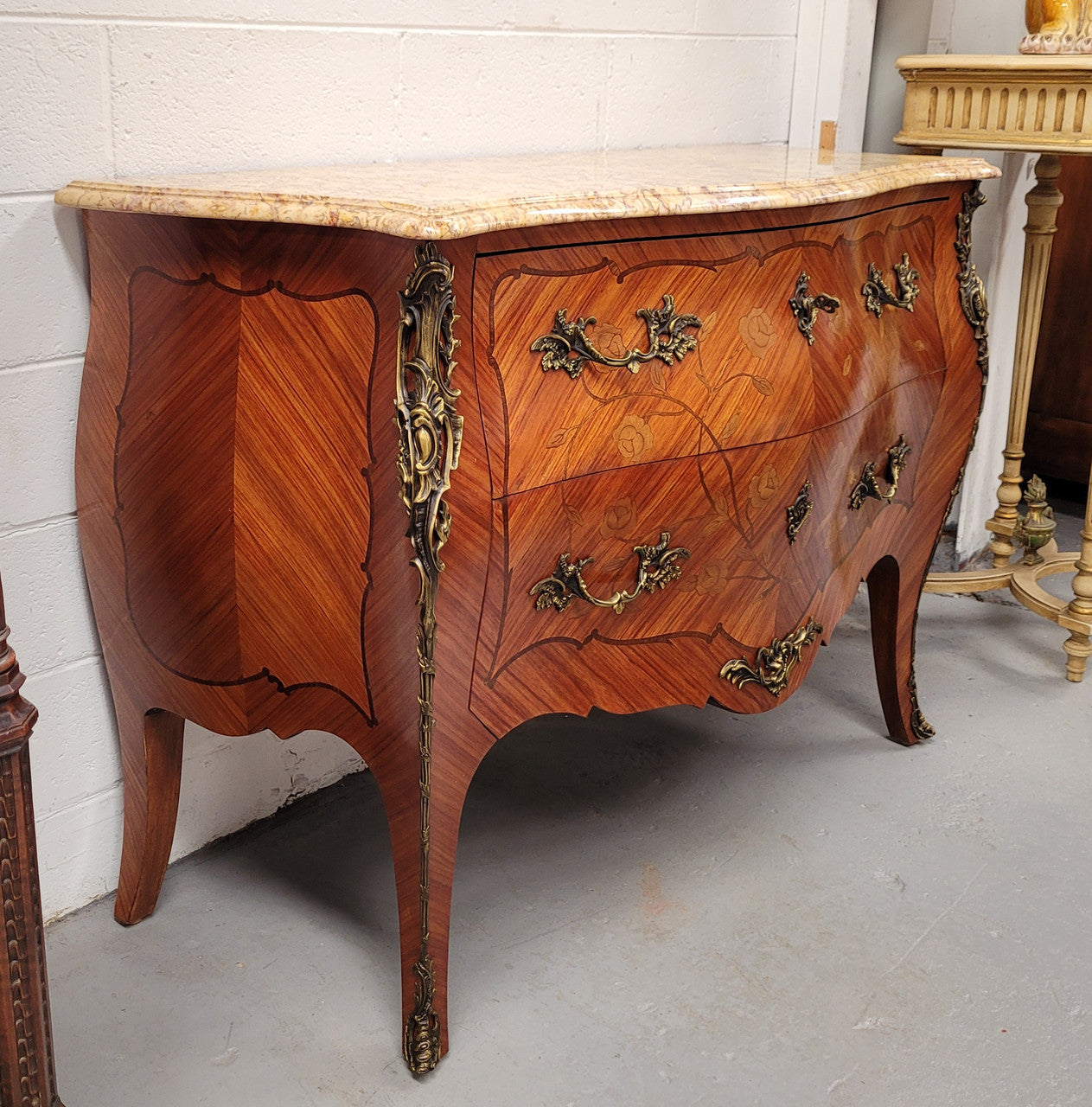 ** ON HOLD** Louis XV Style Two Drawer Marquetry Inlaid Kingwood Marble Top Commode | Antique & Vintage | Moonee Ponds Antiques | Australia Wide Delivery