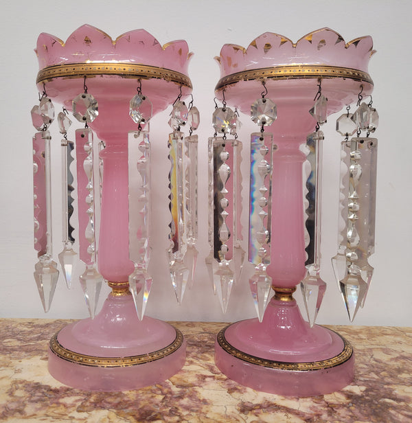 Large Victorian pink glass an gilt trim crystals lusters. It is in good original condition, please view photos as they help form part of the description.