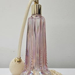 Vintage Fenton, Pink/Purple iridescent perfume bottle, cased glass, beaded base with working atomiser. Clearly marked FENTON on the base with original paper label.