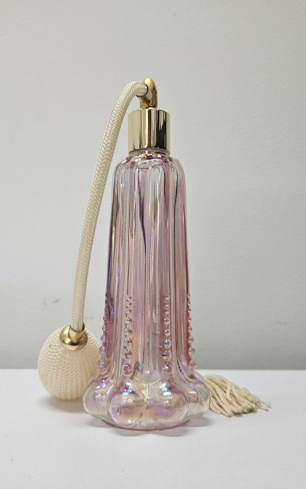 Vintage Fenton, Pink/Purple iridescent perfume bottle, cased glass, beaded base with working atomiser. Clearly marked FENTON on the base with original paper label.