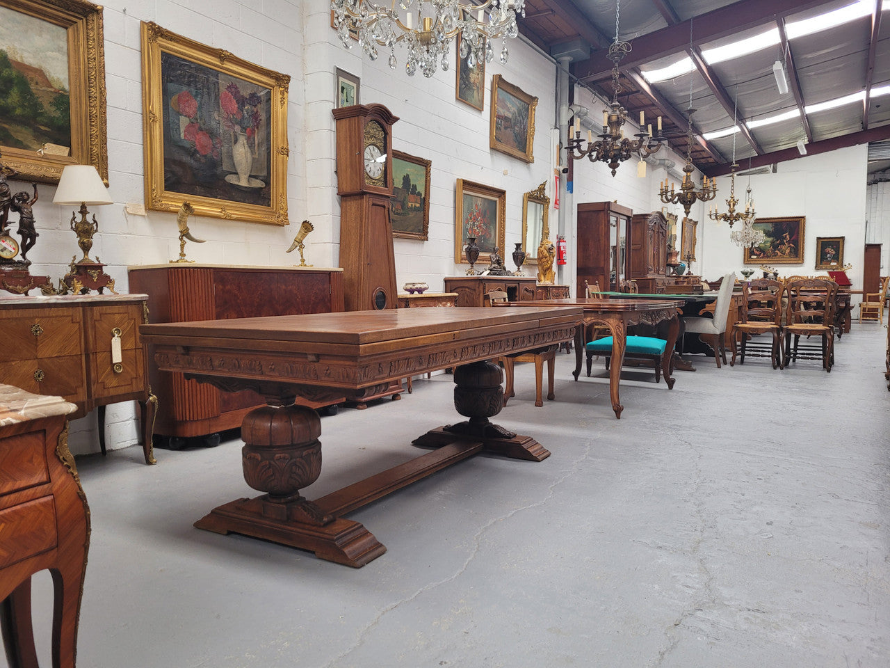 French Oak Renaissance Style Extension Table With Stretcher Base