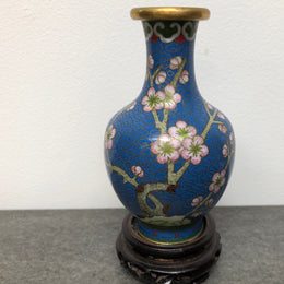 Small Blue Cloisonné Vase On Carved Stand