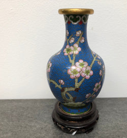 Small Blue Cloisonné Vase On Carved Stand | Antique & Vintage | Moonee Ponds Antiques | Australia Wide Delivery
