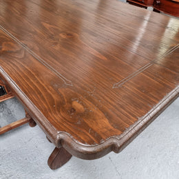 Amazing hard to find French Fruitwood Spanish style 3 meter dining table. Decorative iron work underneath and in good detailed original condition.