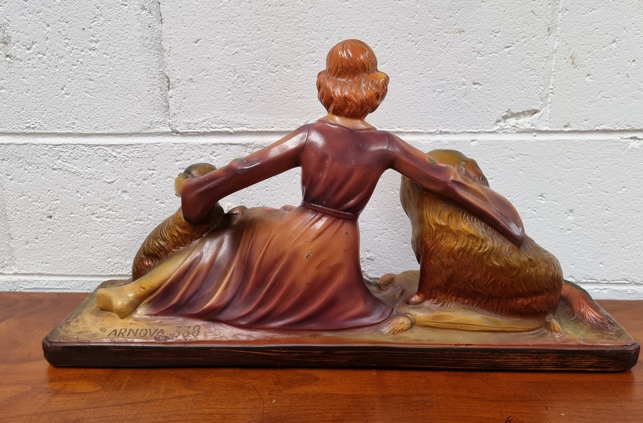 Appealing Art Deco Statue of a Woman & Two King Charles Spaniel Dogs