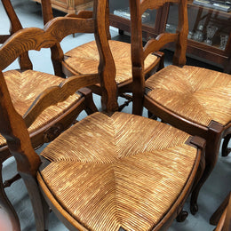 Set of six French rush seat dining chairs and in good sturdy condition.