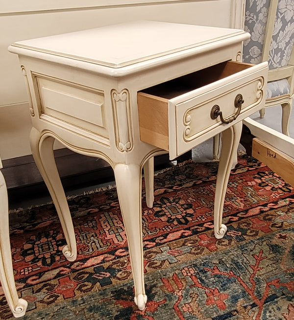 Pair French Vintage Louis XV style soft Ivory single drawer bedside tables. They have been sourced from France and are in good original condition.