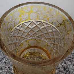 Antique Amber Bohemian acid etched and wheel engraved crystal vase. It has a stunning frieze of vine branches and a star cut base. It is in good original condition, please view photos as they help form part of the description.