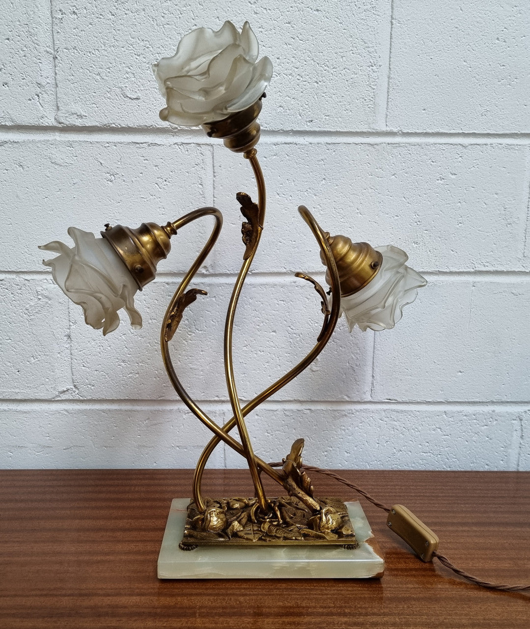 Art Deco Alabaster & Gilt Brass Table Lamp With Three Branches | Antique & Vintage | Moonee Ponds Antiques | Australia Wide Delivery
