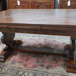 French Oak Extension Table With Carved Ornate Base