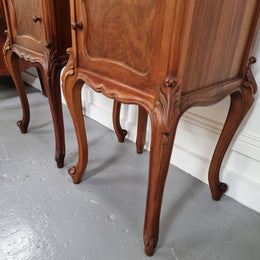 French Louis XVI style figured Walnut marble top bedsides. In good original detailed condition.