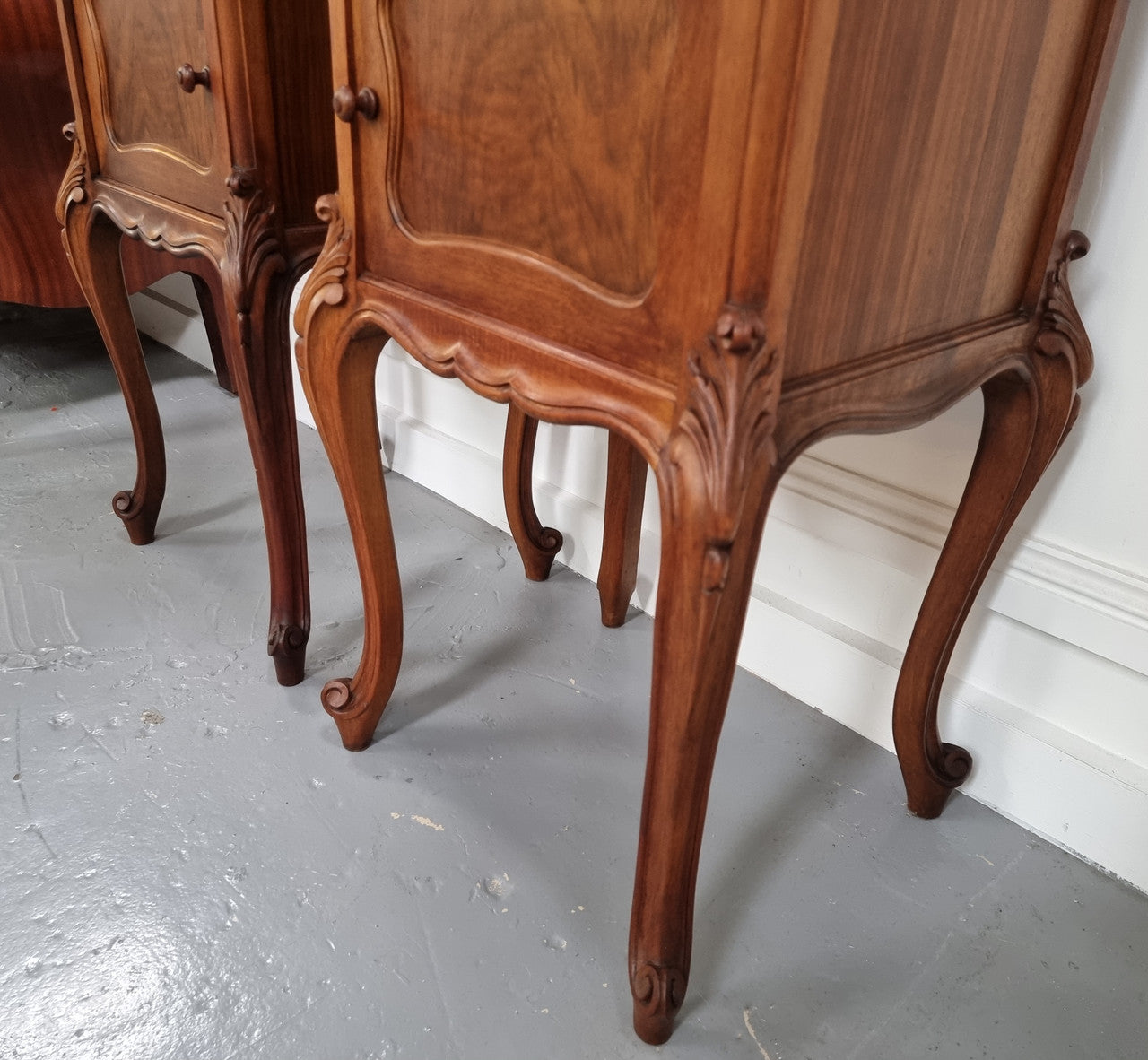 French Louis XVI Style Figured Walnut Marble Top Bedsides | Antique & Vintage | Moonee Ponds Antiques | Australia Wide Delivery