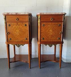 Pair of Louis XVI Style Mahogany Marquetry Inlaid Marble Top Bedside Cabinets | Antique & Vintage | Moonee Ponds Antiques | Australia Wide Delivery