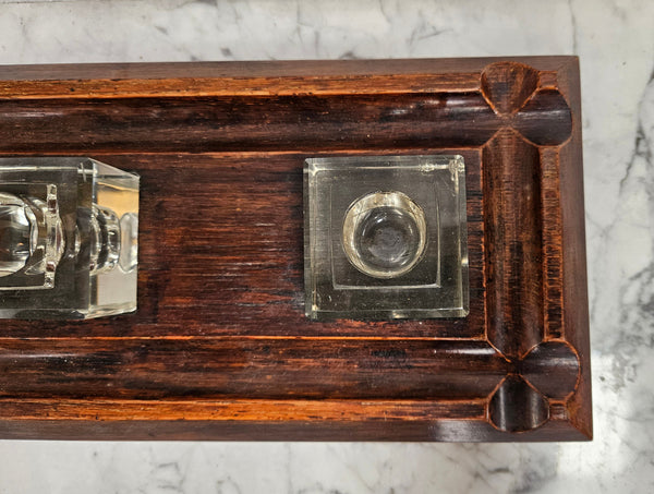 Edwardian Desk & Double Ink & Pen Holder on Wooden Stand.  Original Condition. It has been sourced from France and is in good original detailed condition.
