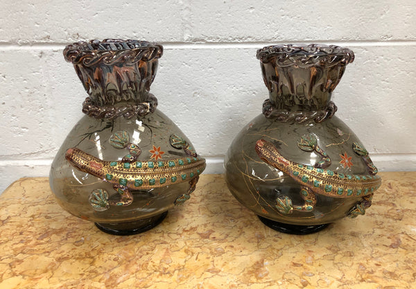 Pair Of Large Moser Enameled Vases With Lizards